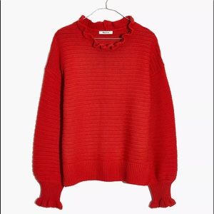 Ruffle-Neck Pullover Sweater in Cotton-Merino Yarn